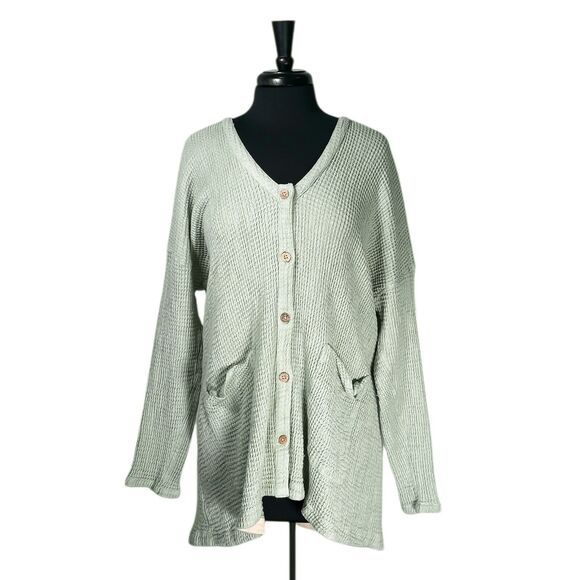 Free People Women’s Sweater S Green Waffle Knit Button Oversized Boho Cardigan - Picture 1 of 8